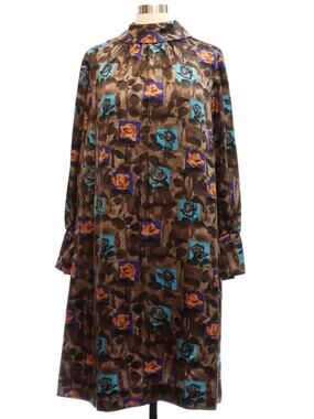 Vintage 1970s Brown Floral Polyester A-Line Midi Dress MOD Women's